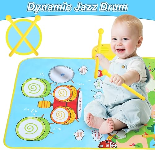 Miniatura 3 de Love&Mini Instrumentos musicales para niños pequeños de 1 a 3 años, tapete musical para bebé con tambor, 6 instrumentos musicales y 8 sonidos de