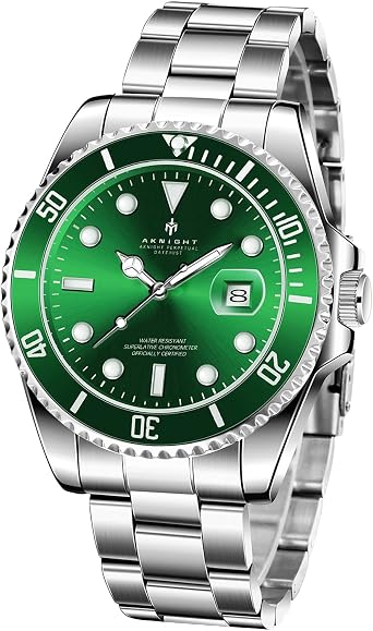 AKNIGHT Mens Wristwatch, Anti-Reverse Rotating Bezel, Analog Watch, Stylish, Crystal, Easy to View, Luminously, Stainless Steel Band, 98.8 ft 30 m Waterproof, Luminous Date, Men s Watch, Japanese