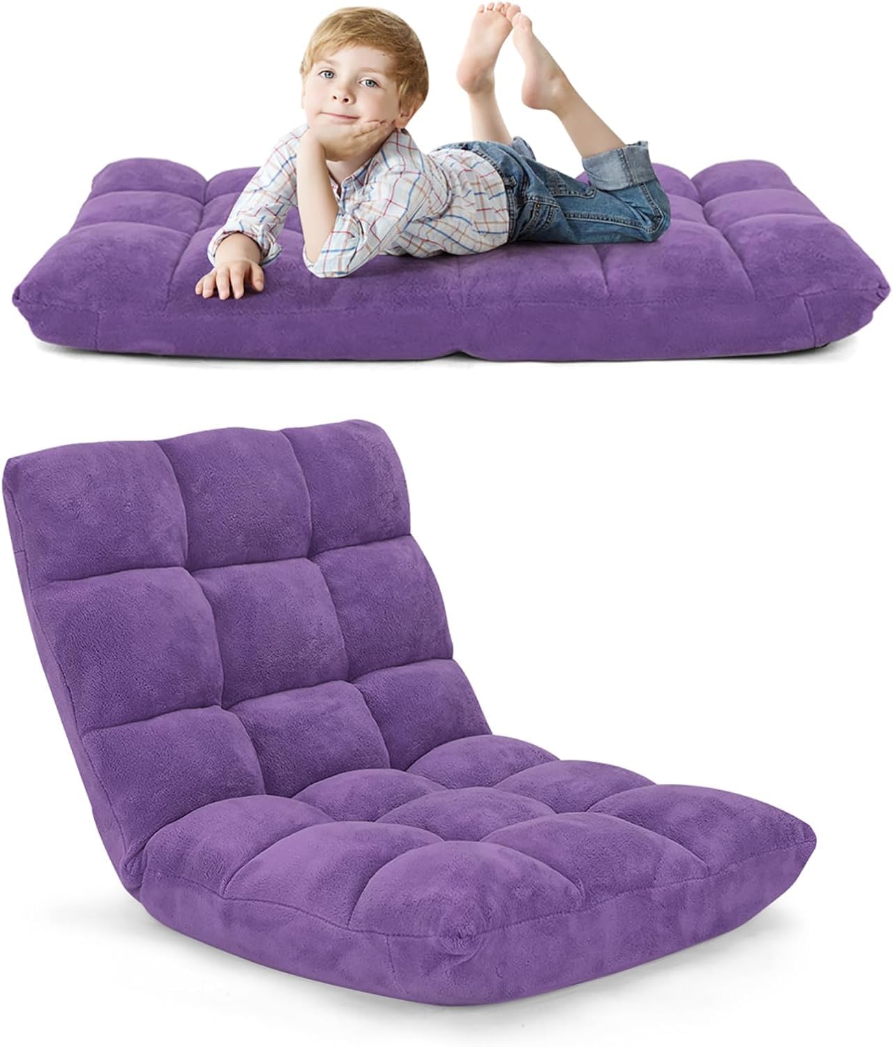 FANTASK Silla de Suelo con Respaldo Ajustable, Acolchado, cojín de Suelo, Plegable, Color Morado