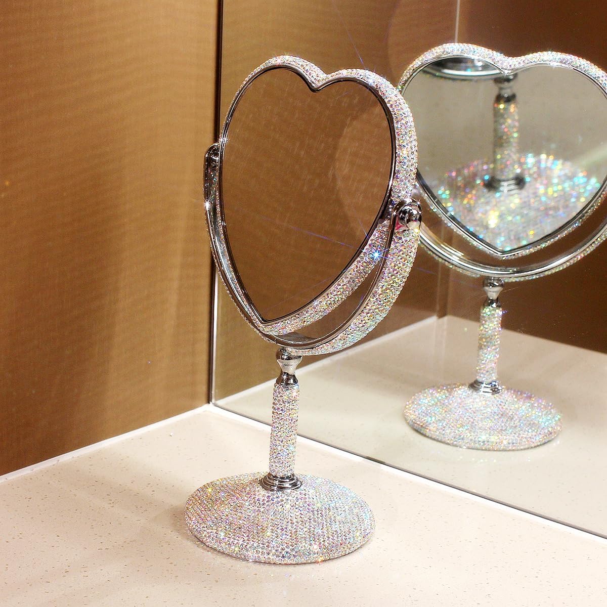 Luxury Bling Double-Sided Tabletop Makeup Mirror, Heart Shape Metal Makeup Mirror with 1:2 Magnifying Mirror, Rotating Mirror (Silver)