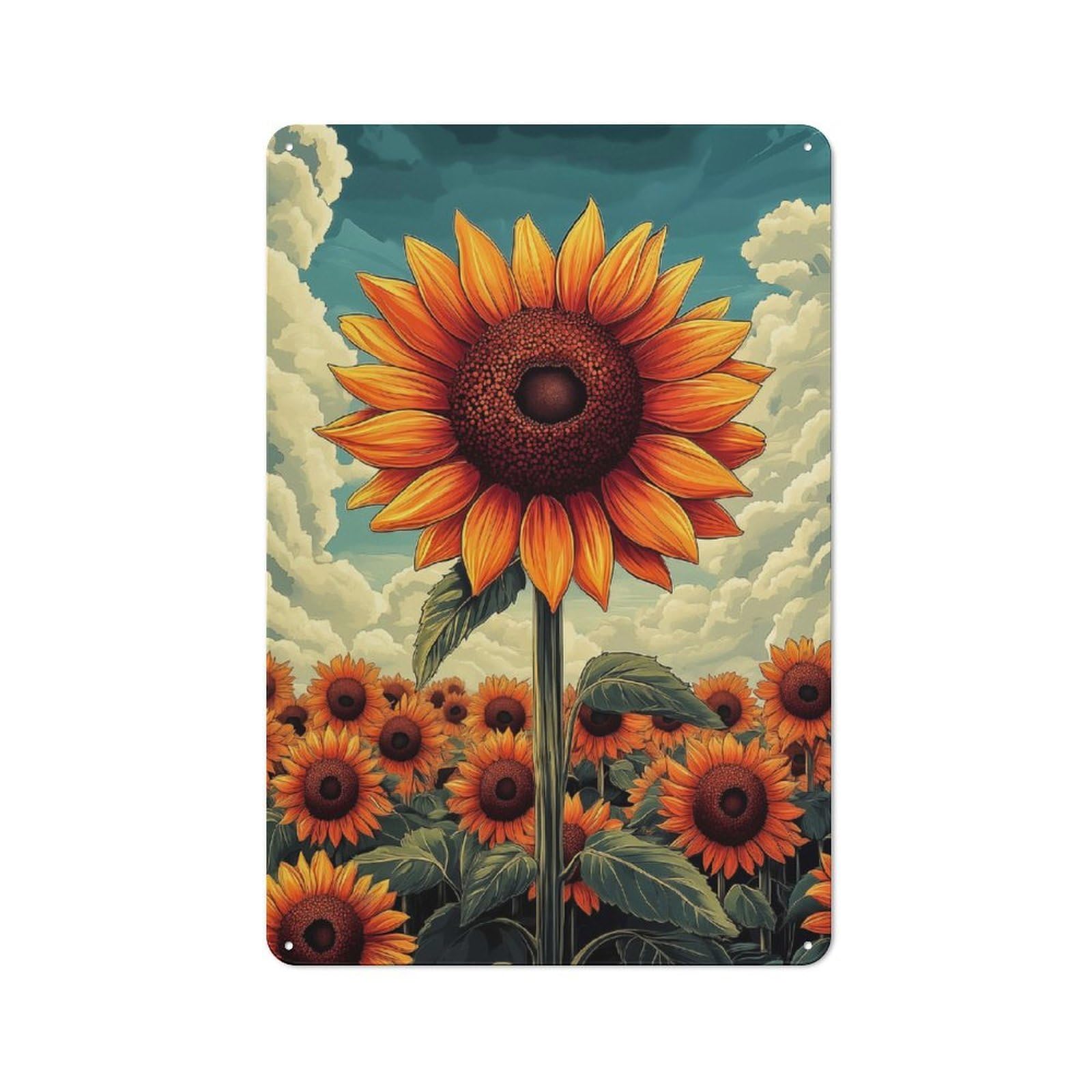 Sunflower Field Under Cloudy Sky Rustic Metal Sign 30x20cm, Country Vintage Country Wall Plaque for Cottage, Kitchen, Hallway Or Breakfast Nook