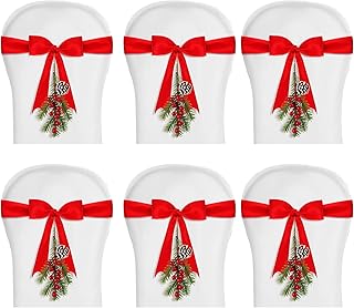 Cindeer 6 Pcs Christmas Chair Decoration, Chair Bow Decorative Sashes Include Red Ribbons and Berries Pine Sashes for Christmas Events Banquet Home Decoration