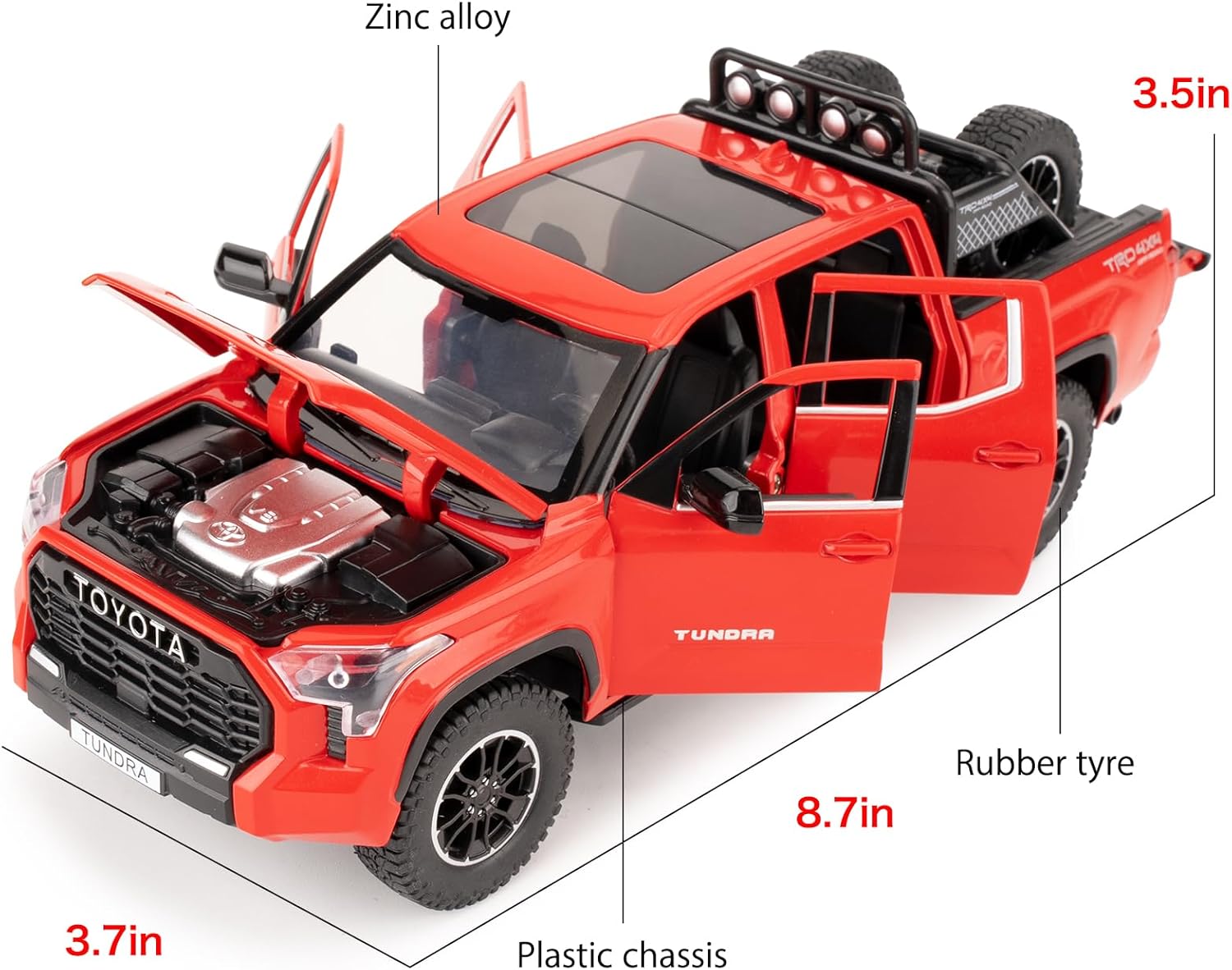 WAKAKAC 1:24 Tundra Off-Road Pickup Car Model, Pull Back Diecast Truck Toy with Sounds＆Lights for Kids Boys Girls and Adults, Gift Red