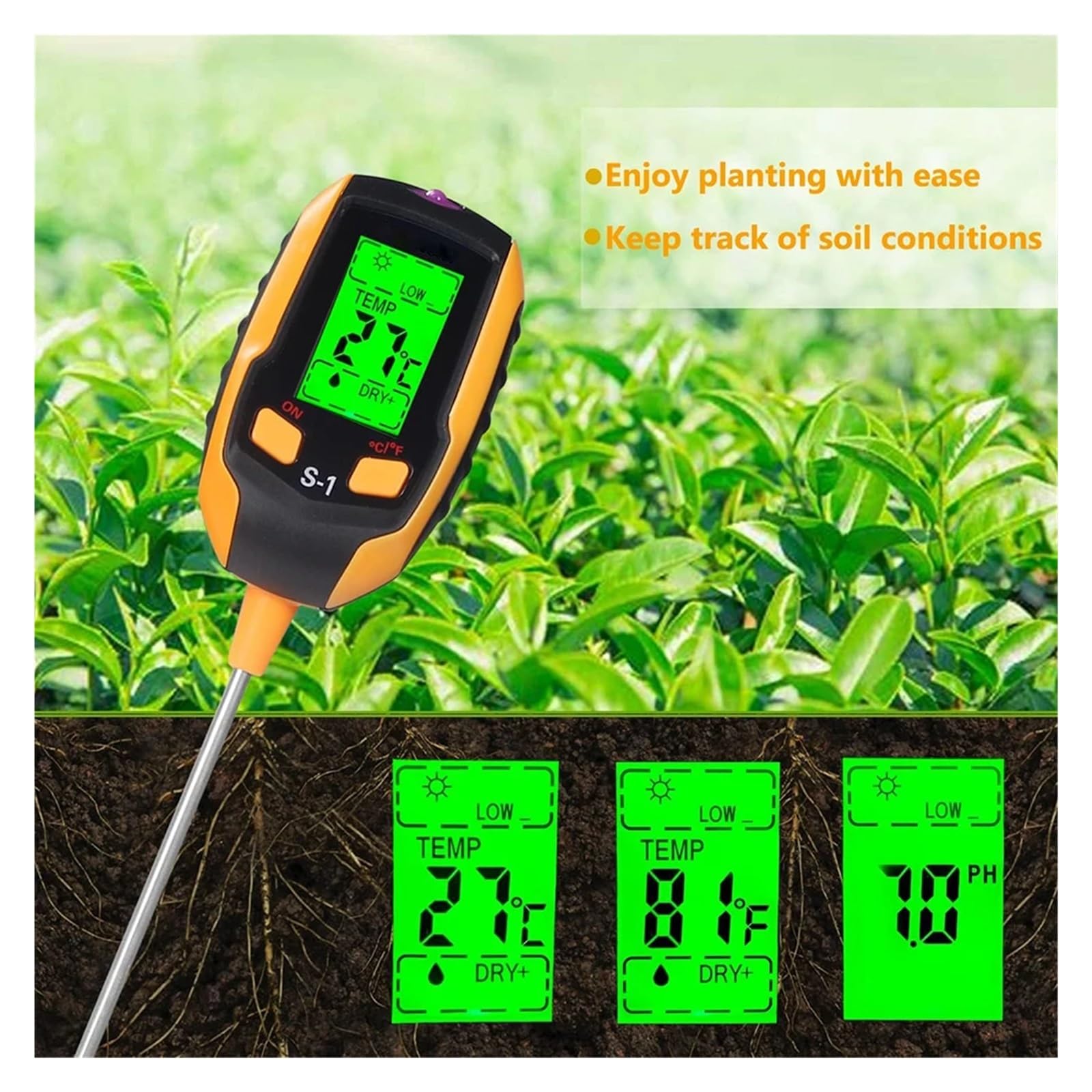 Misuratore di pH, misuratore acidità, illuminamento, temperatura, igrometro, umidità, 5 in 1/4 in 1 for vasi domestici Giardinaggio, Agricoltura(5 IN 1)