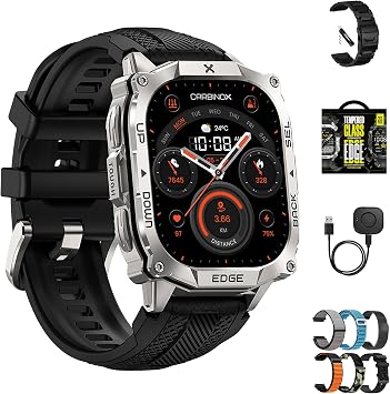 CARBINOX Edge Smart Watch for Men Bundle, Fitness GPS, 6 Bands, Silver