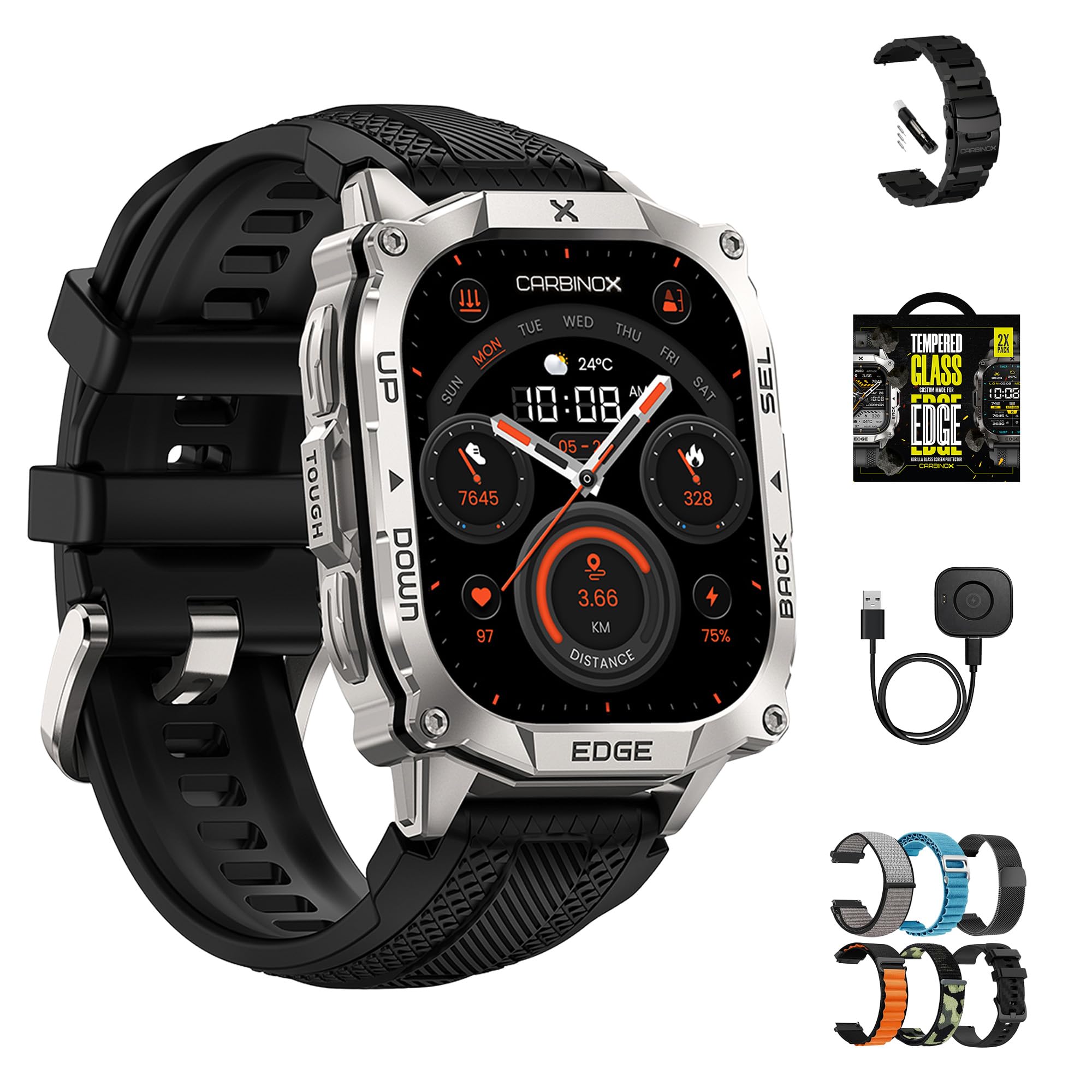 CARBINOX Edge Smartwatch, robust, 4,9 cm (1,96 Zoll) AMOLED, Edelstahl, IP69K/5 ATM, Fitness-Tracker, Dual-Band GNSS, 500 mAh, Bluetooth-Anrufe, Smartwatch für Android-Handys, iOS (Silver Ultimate