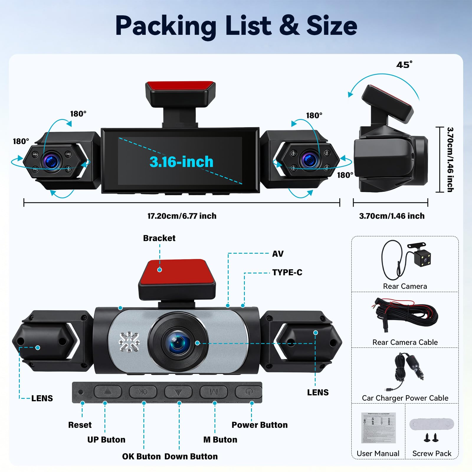SIXTOP Dashcam Voiture 4 Canaux 1080P avec Écran IPS 3,16 Pouces | 4 Caméras Vision à 360° : Enregistrement en Boucle, Détecteur de Mouvement, Vision Nocturne, Caméra de Recul, DVR Auto Jusqu’à 64 Go