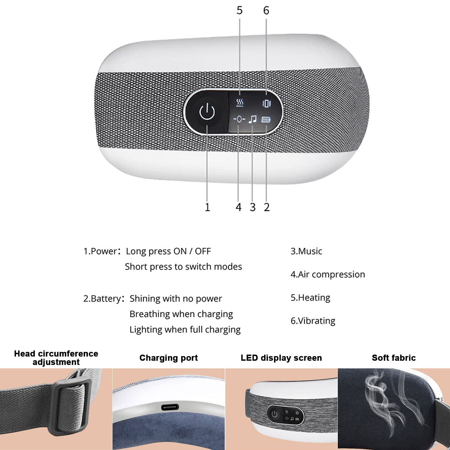 masażer do oczu inteligentny elektryczny aparat do masażu oczu, 4 tryby kompresji maska termiczna ładowalna przenośna muzyka Bluetooth (szary)