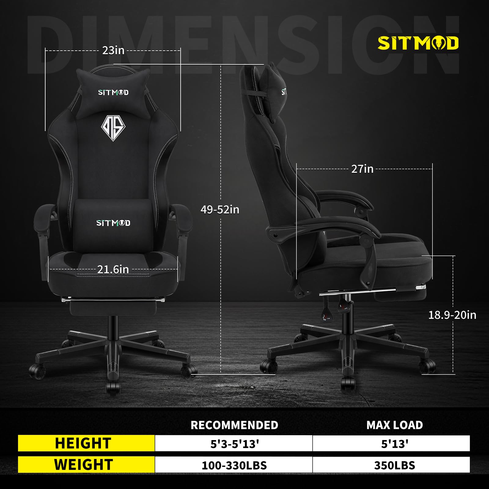 SITMOD Sedia da gioco,con poggiapiedi, sedia per PC con poggiatesta e cuscino lombare, girevole a 360 gradi, in tessuto regolabile in altezza(NERO)