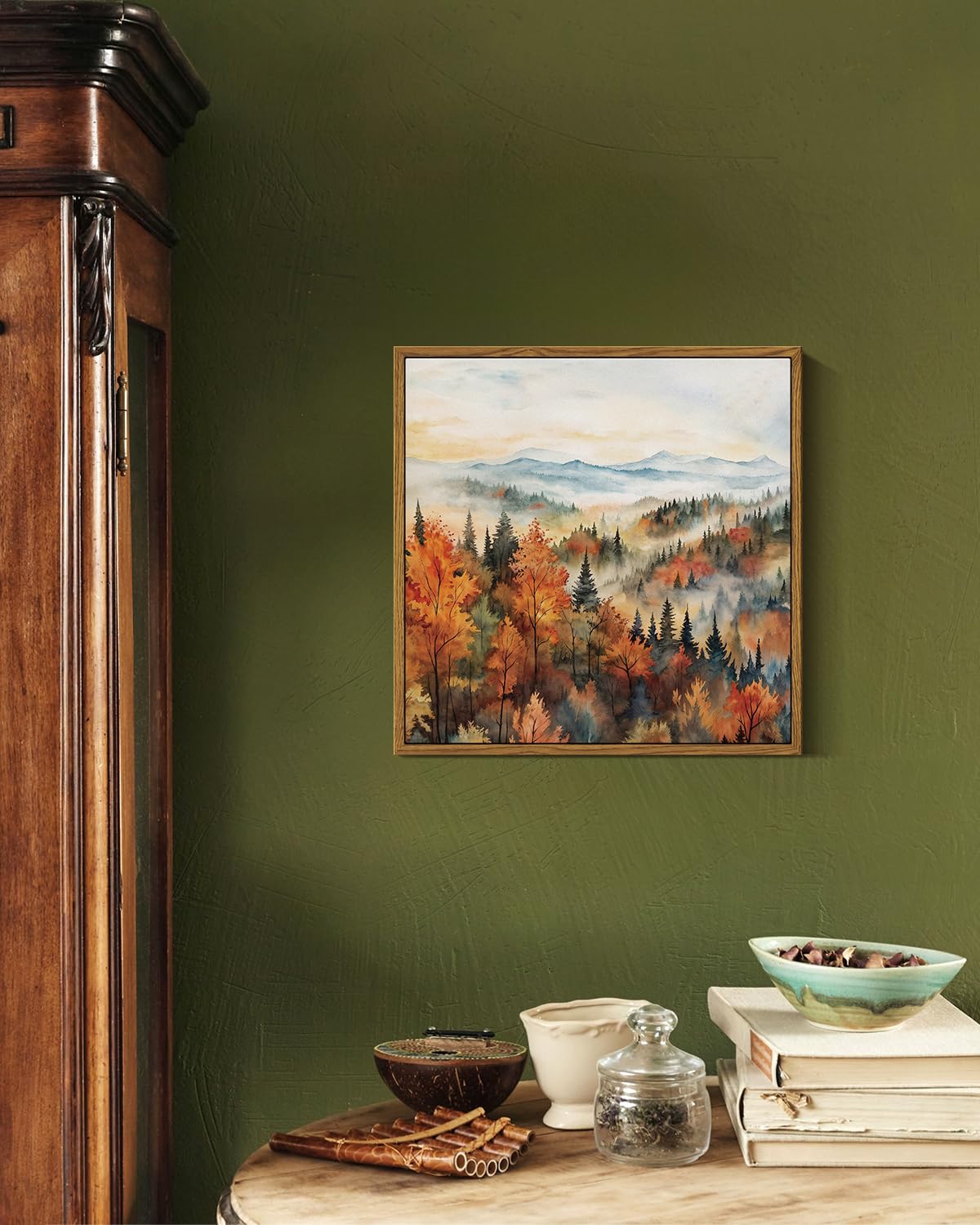 InSimSea Quadratische gerahmte Leinwand-Kunst, Herbstdrucke, klassische Landschaft, Kiefernwald im Morgennebel, Herbst-Wanddekoration für Wohnzimmer, Schlafzimmer, Badezimmer, Büro, 30,5 x 30,5 cm