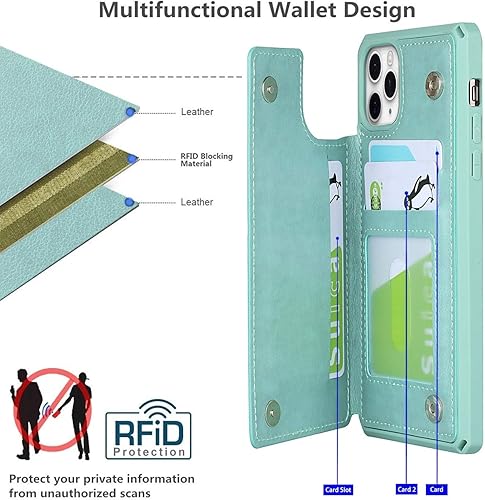 Miniatura 10 de iCoverCase Funda compatible con iPhone 11 con tarjetero para mujer, con bloqueo RFID en relieve, de piel sintética, con correa de muñeca de 6.1