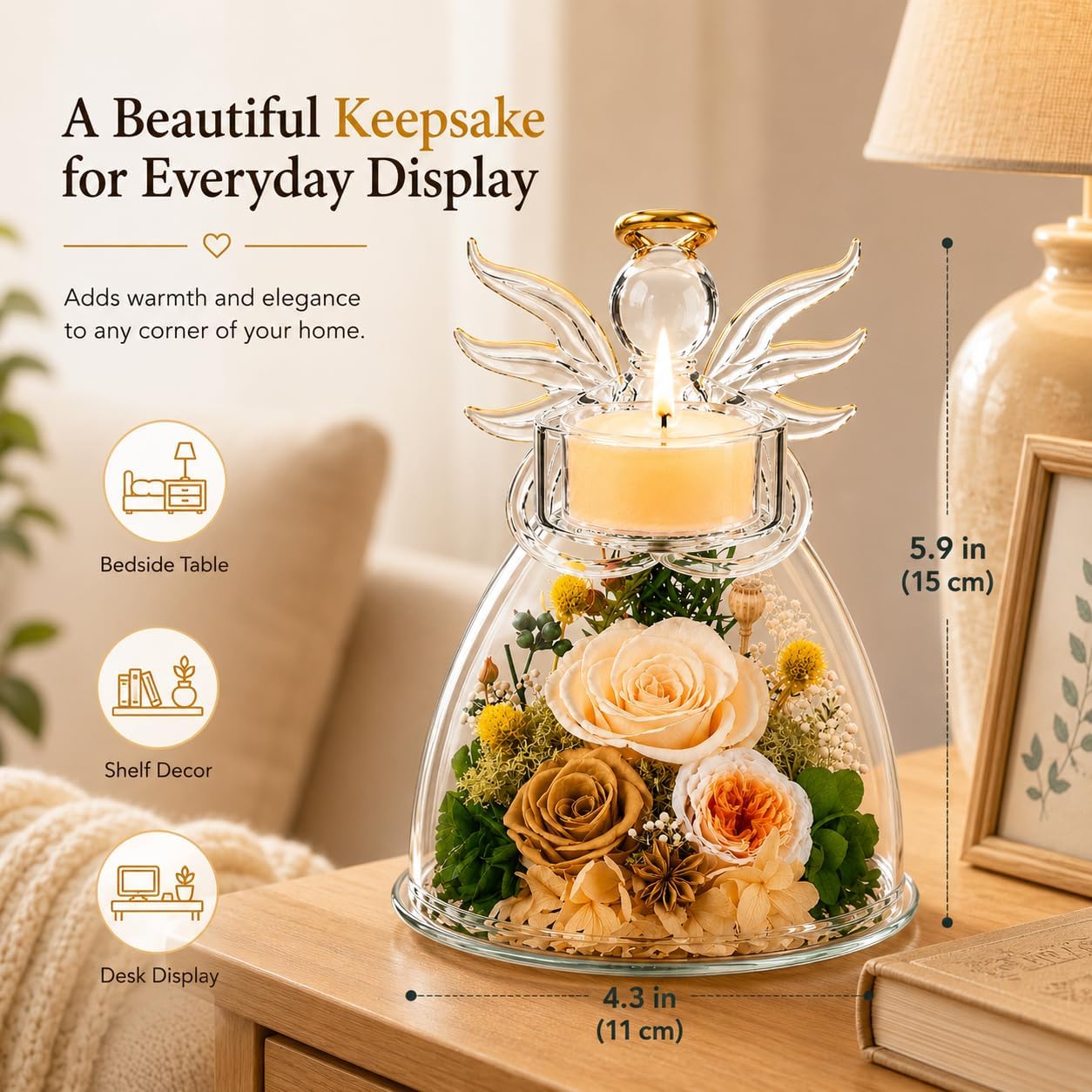 Agrul Birthday Gifts for Mom Grandma Women, Preserved Champagne Rose in Glass Angel Candle Holder, Forever Flower Gifts for Seniors, 50th 60th 70th Birthday Gifts for Her