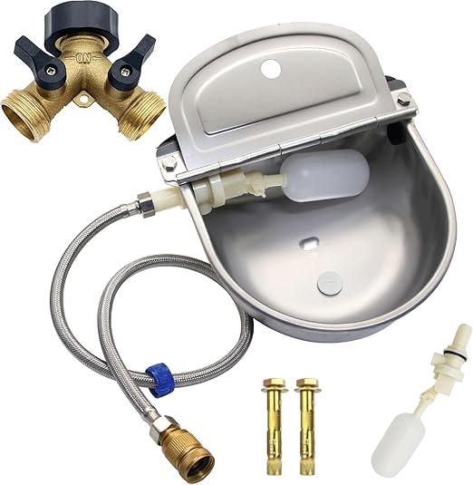 Automatic Dog Water Bowl Dispener, 304 Stainless Steel Water Feeder Trough for Livestock, Goat,Chicken Horse,Automatic Animal Drinking Water Bowl with Float Valve and Brass Hose Splitter