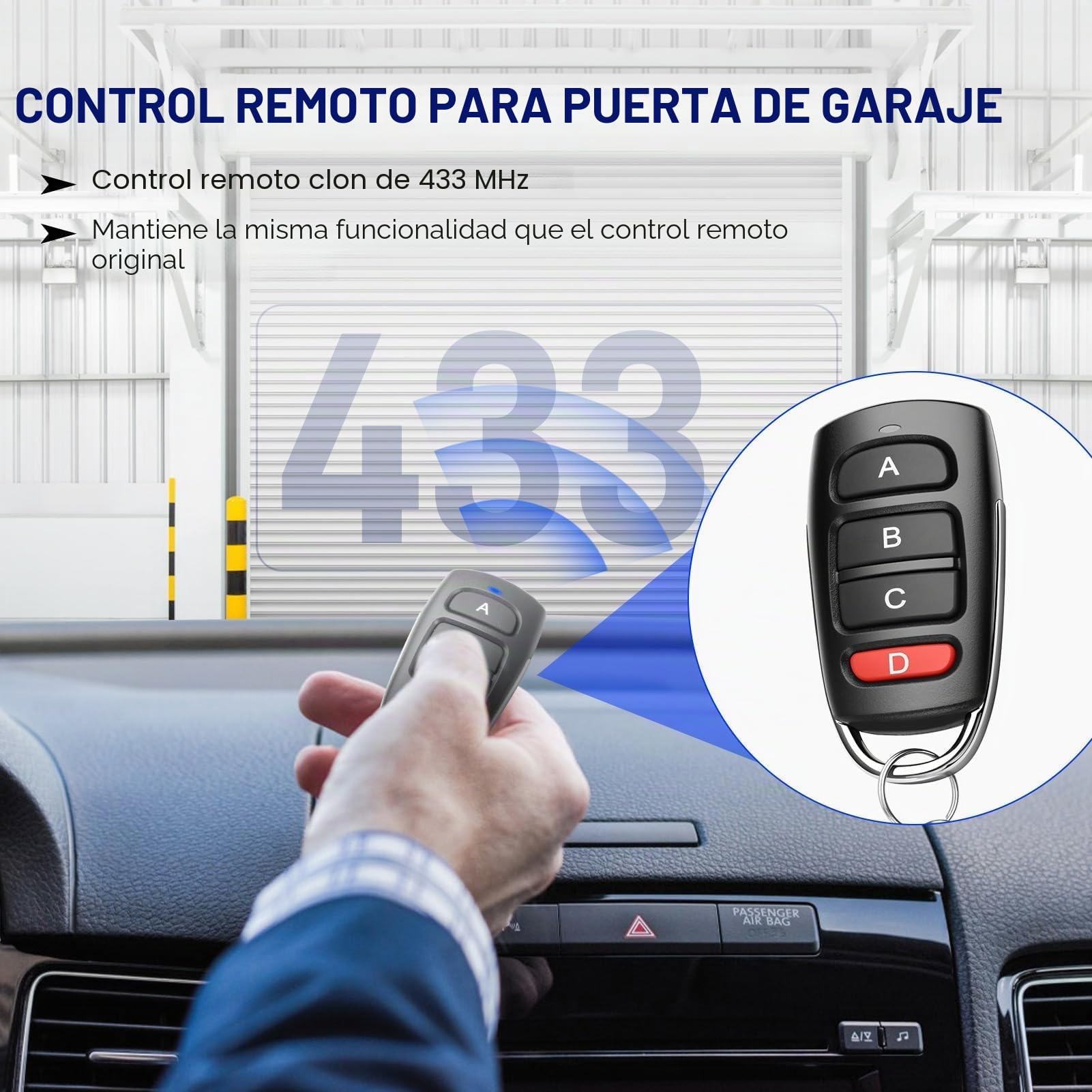 4 Piezas Mandos Garaje Universales 433Mhz, Clonador Mando Garaje con 4 Botones, Mando a Distancia Garaje Inalámbrico Reemplazo, Duplicador Puerta Garaje Codigo Fijo para Puertas de Garaje y Cancelas