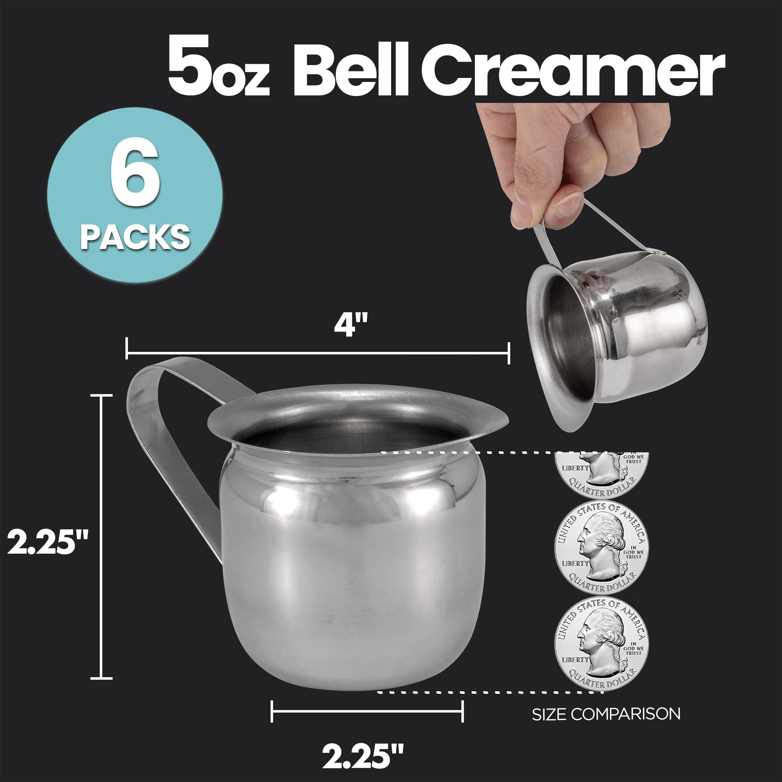 Fit Meal Prep [6 Pack] 5 oz Creamer Pitcher - Stainless Steel Bell Creamers, Mini Cup Container for Serving Milk, Coffee Cream, Salad Dressing, Maple Syrup, Espresso Machine for Restaurant, Cafes