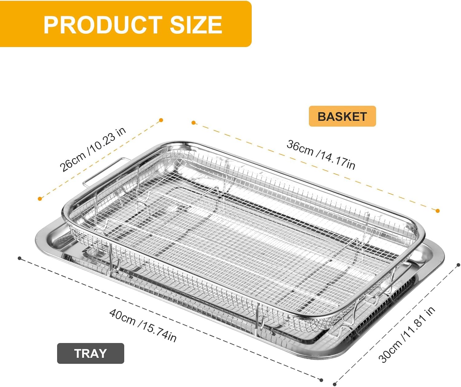 EKRHORBY Air Fryer Basket and Tray Dimensions Shown