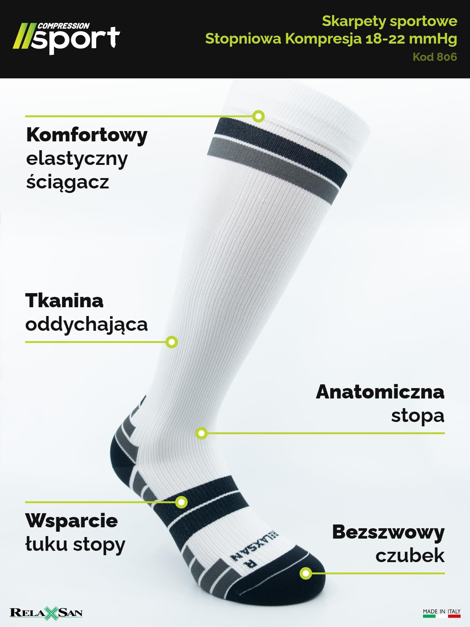 Relaxsan Skarpety Kompresyjne Sportowe dla Mężczyzn i Kobiet, 18-22 mmHg, Oddychające, Made in Italy, 806