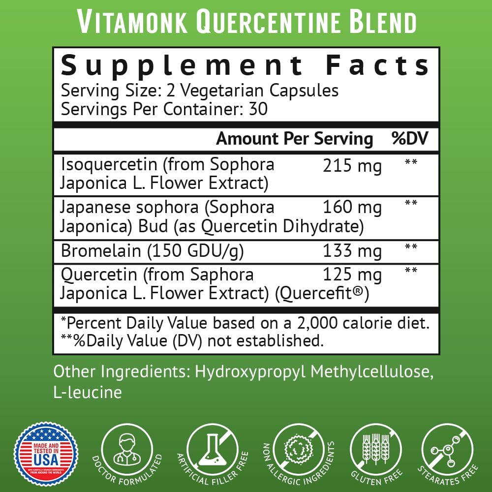 VitaMonk Quercetin Complex - 3 Bioactive Forms - Isoquercetin and Quercetin Phytosome with Bromelain - Immune System Support for Superior Absorption
