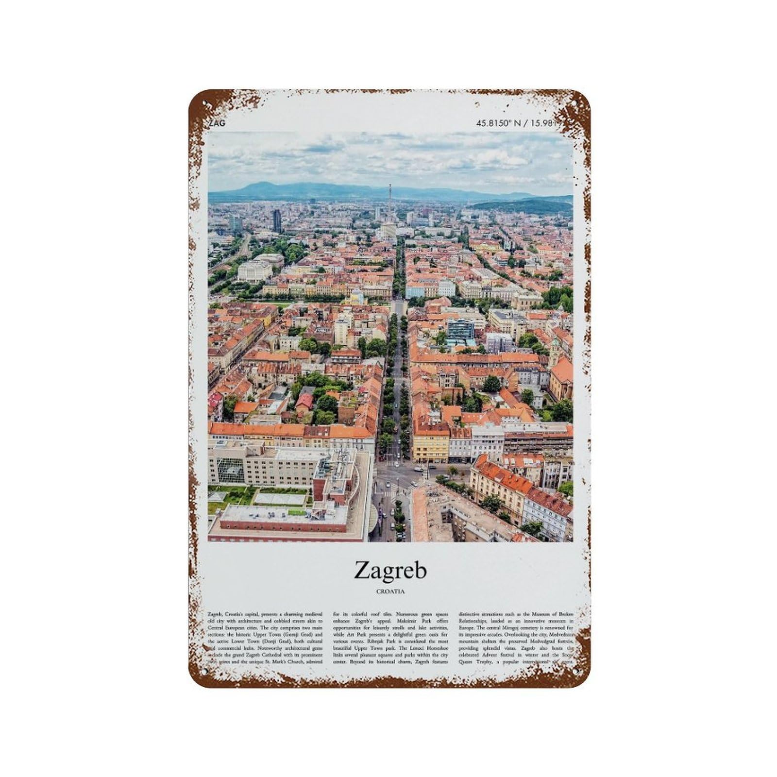 xiaoxiaoshen Zagreb Croatia City Scenery Wall Decor Art Metal Tin Poster Modern Home Decor Art Home Bar Shop Decorations Vintage Sign 30x20cm