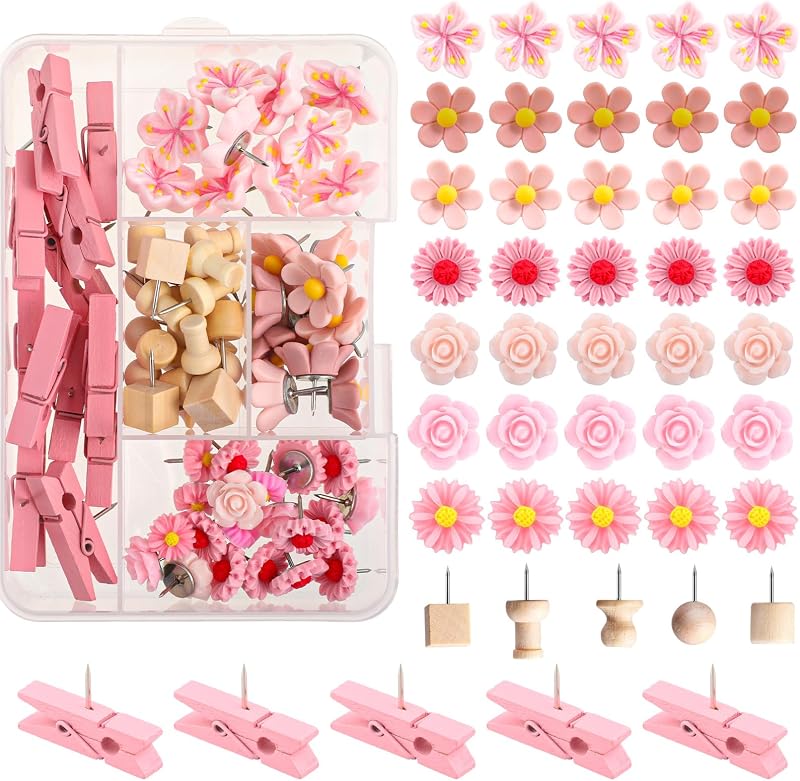 Juego de 78 chinchetas lindas chinchetas decorativas de flores para tablones de anuncios de corcho de pared con caja de almacenamiento (estilo rosa)