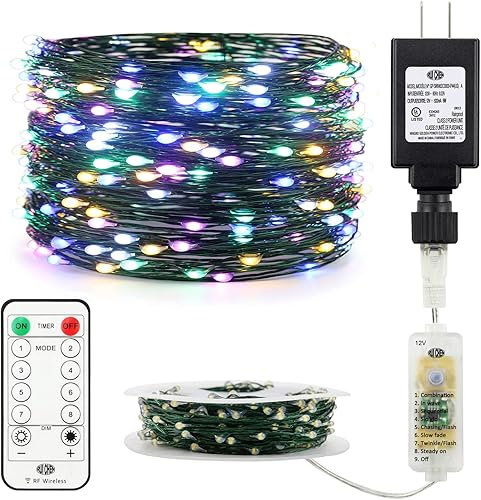 RUICHEN Dimmable Fairy Lights Plug in, 105 Ft 300 LED String Lights with RF Remote Timer, IndoorOutdoor Green Wire Christmas Lights for Bedroom,