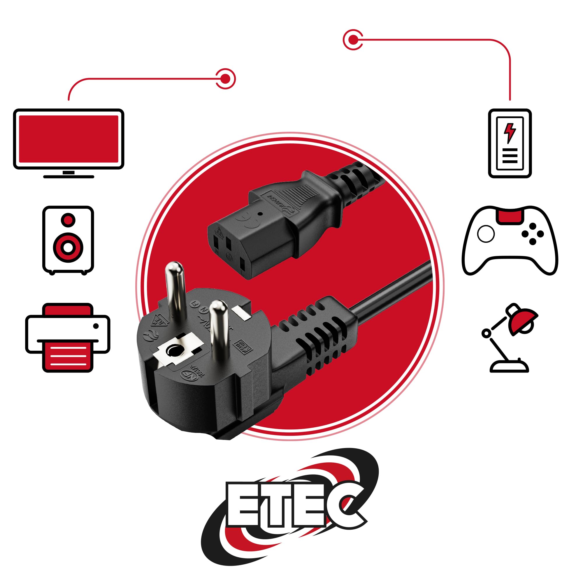 ETEC Cavo Di Alimentazione Per Dispositivi A Freddo A 3 Poli, 2 M, Spina Schuko Con