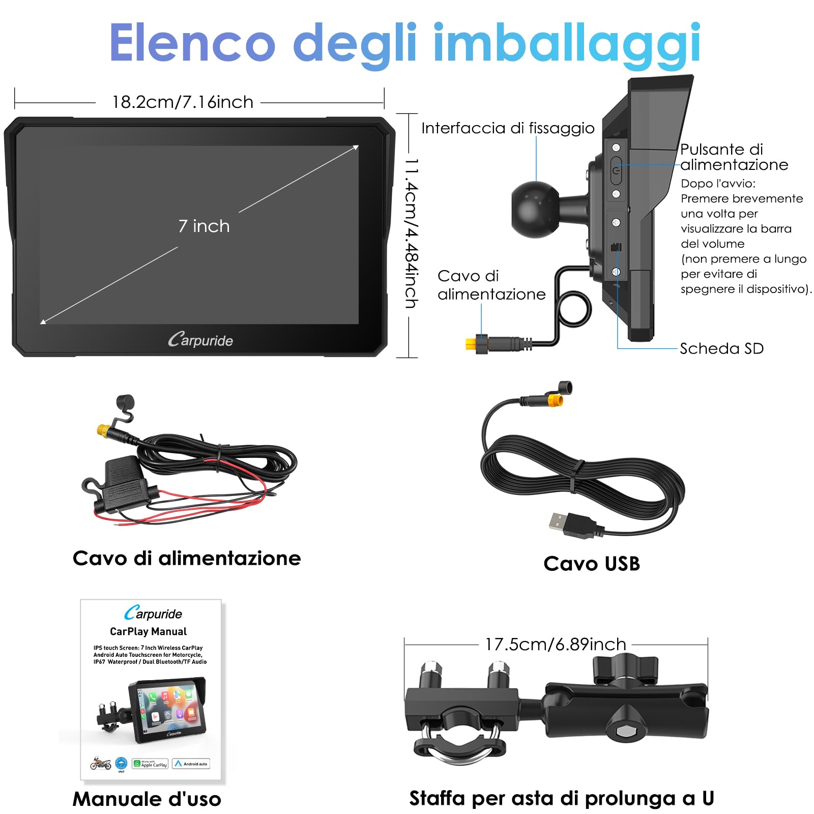 Carpuride W702 Schermo CarPlay Moto 7" Touchscreen Impermeabile GPS Bluetooth