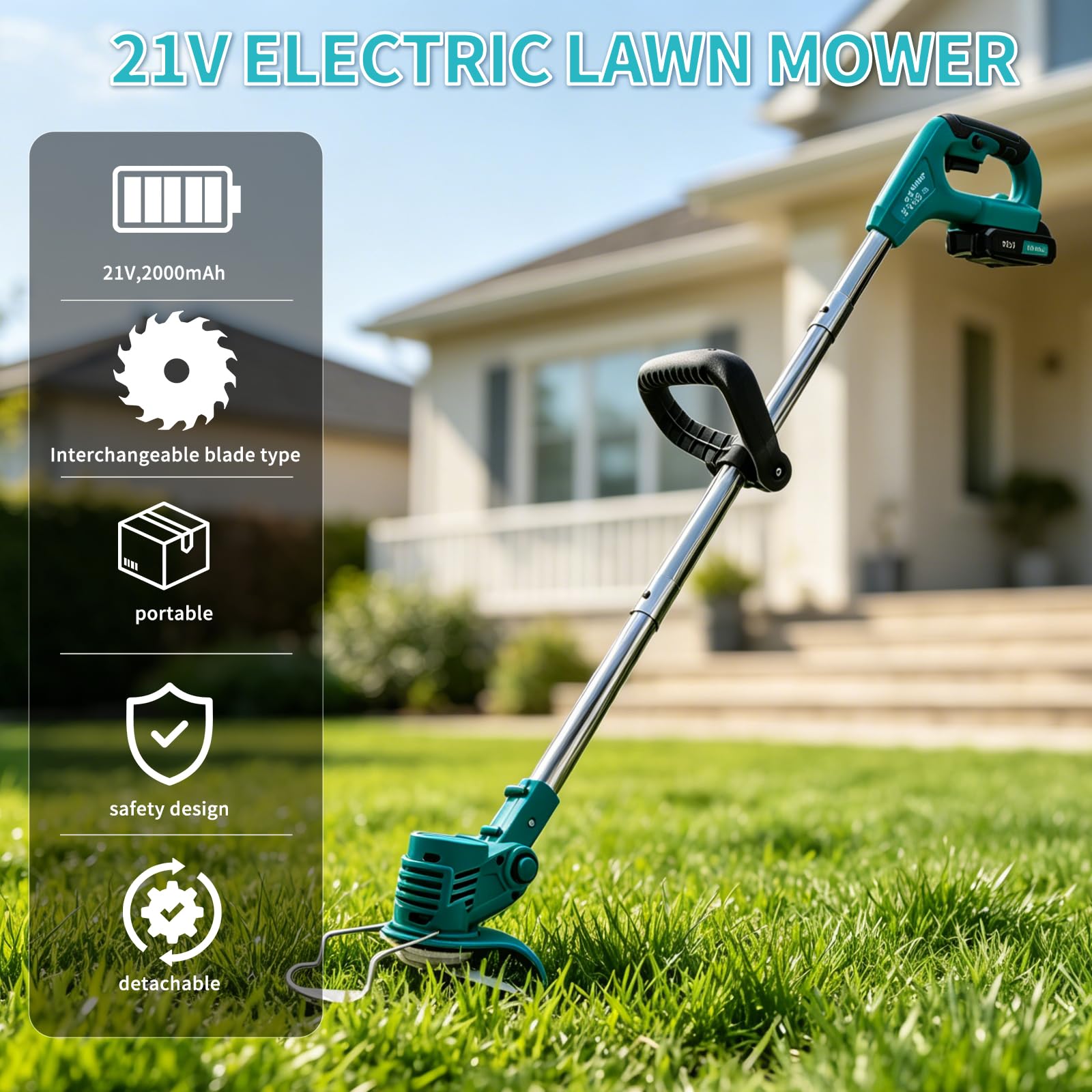 Cortacésped inalámbrico con batería, con 2 baterías de 3,0 Ah y cargador, recortadora de jardín ajustable y desmontable para jardín, césped y setos, incluye 10 cuchillos y accesorios