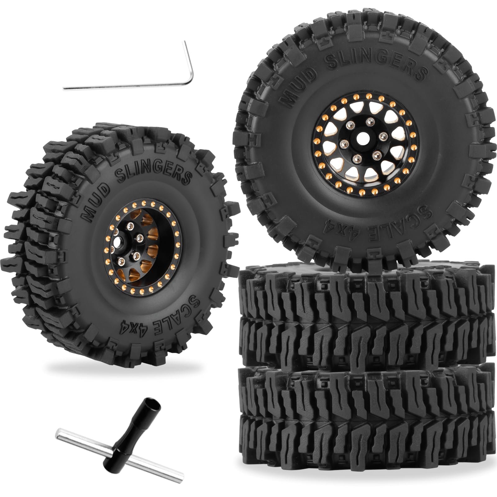 RCarmubWow RC 1.0 Beadlock Wheels 1.0 Beadlock Tires for RC Crawler 1/18 TRX4M,1/24 SCX24,1.0 Beadlock Wheels and Tires Brass Wheels w/Soft Sticky Rubber Tires,4pcs,Style B