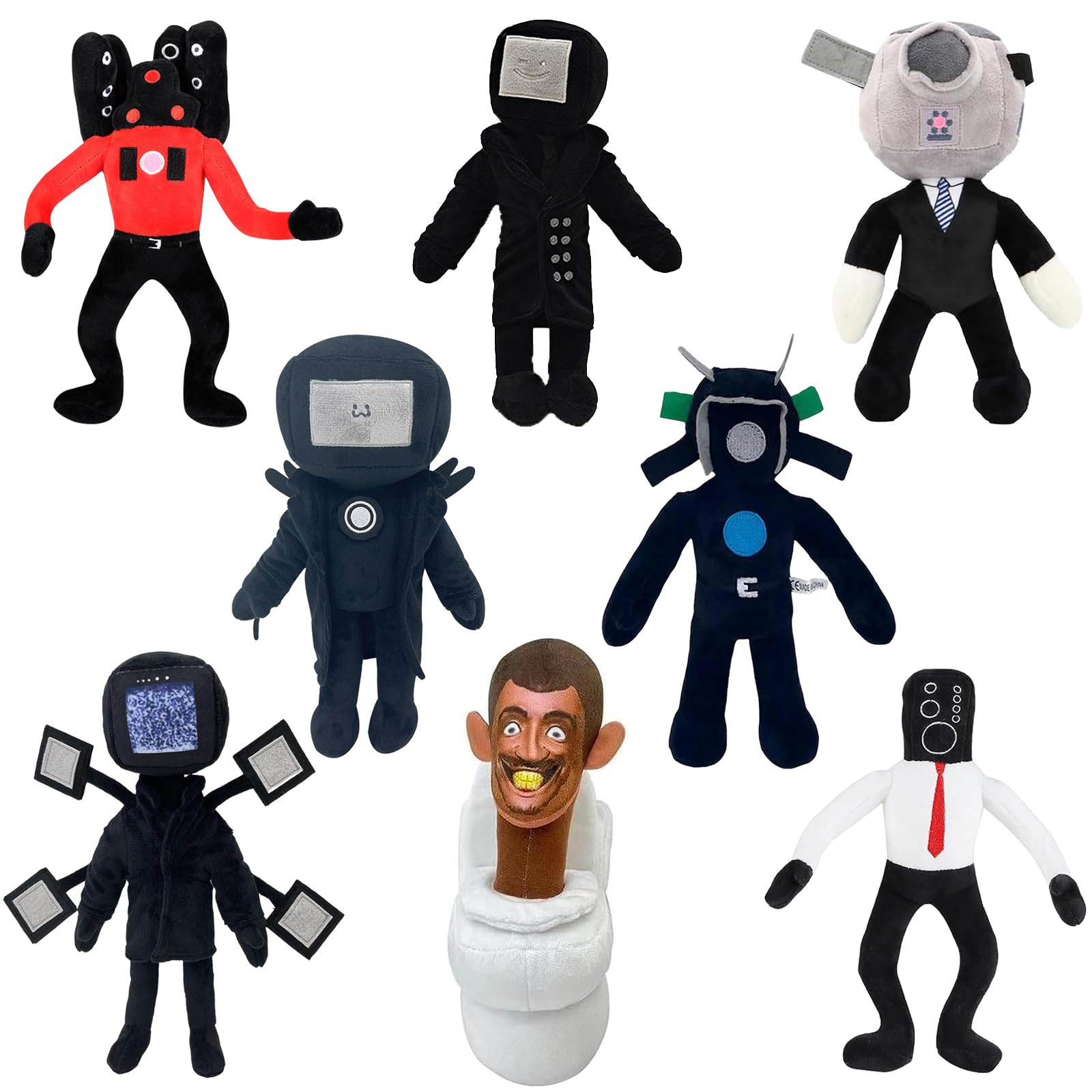 Skibidi Toilet Plush, 11inch Speakerman Bosses Plushies Toys Skibidi Toilet Head Plushies Toys Beautifully Stuffed Animals Doll Gifts for Fans and Friends (8PCS)