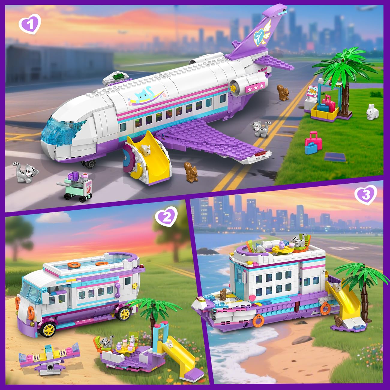HOGOKIDS 3 in 1 Friends Aereo Giocattolo da Costruire - 808pcs Set di Costruzioni per Aereo/Barca/Camper con 6 Mini Animali Carini, Scivolo e Adesivi, Regali per Bambini Ragazzi Ragazze