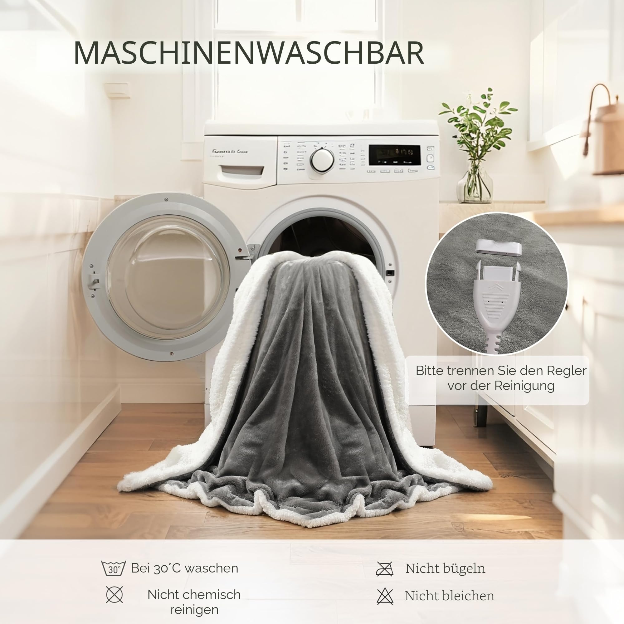 Wärmedecke Elektrisch Heizdecke mit Abschaltautomatik 130x160cm, Flanell & Baumwolle, 9 Wärmestufen & 9H Timer, Überhitzungsschutz, Weich hautfreundlich, Maschinenwaschbar Für Sofa/Bett, Hellgrau