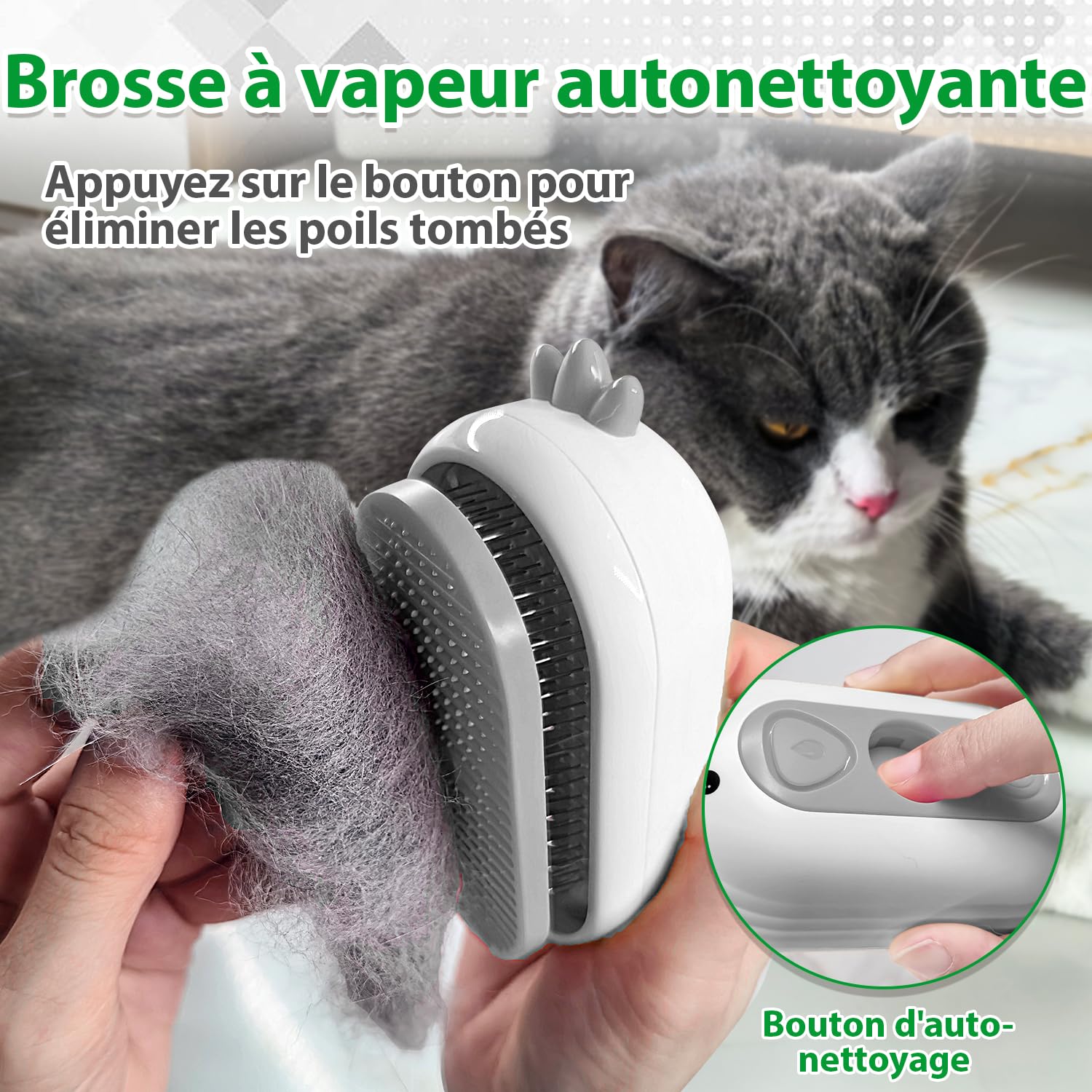 Brosse Chat Vapeur avec Bouton de Déverrouillage, Rechargeable Brosse Vapeur pour Poils Longs et Courts Chats Chiens Lapins, Autonettoyant Brush pour le Toilettage des Animaux de Compagnie