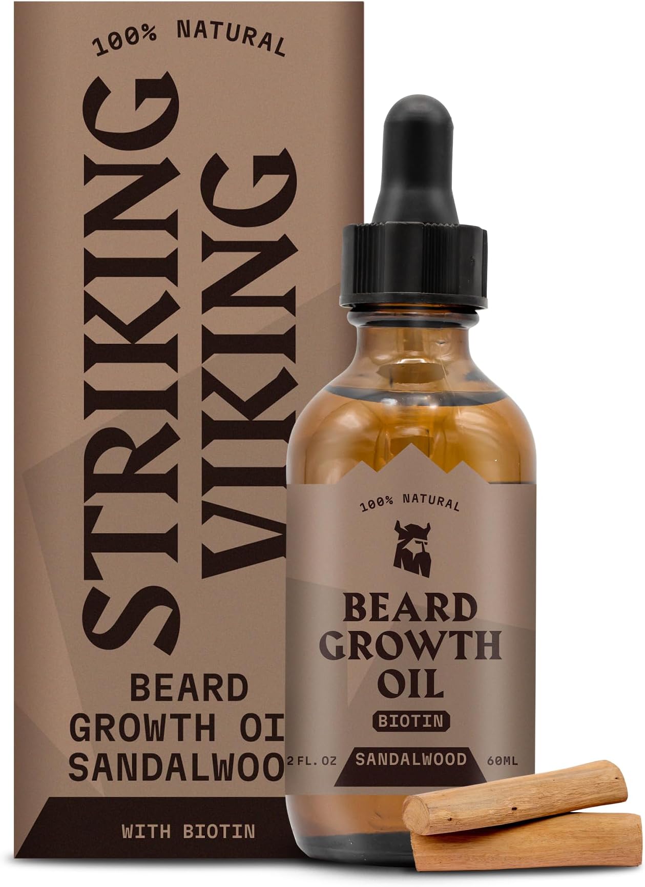Striking Viking Beard Growth Oil for Men - 2 Fl Oz, Sandalwood - Thickening & Conditioning Beard Oil with Biotin - Facial Hair Serum with Argan & Jojoba for Hydration