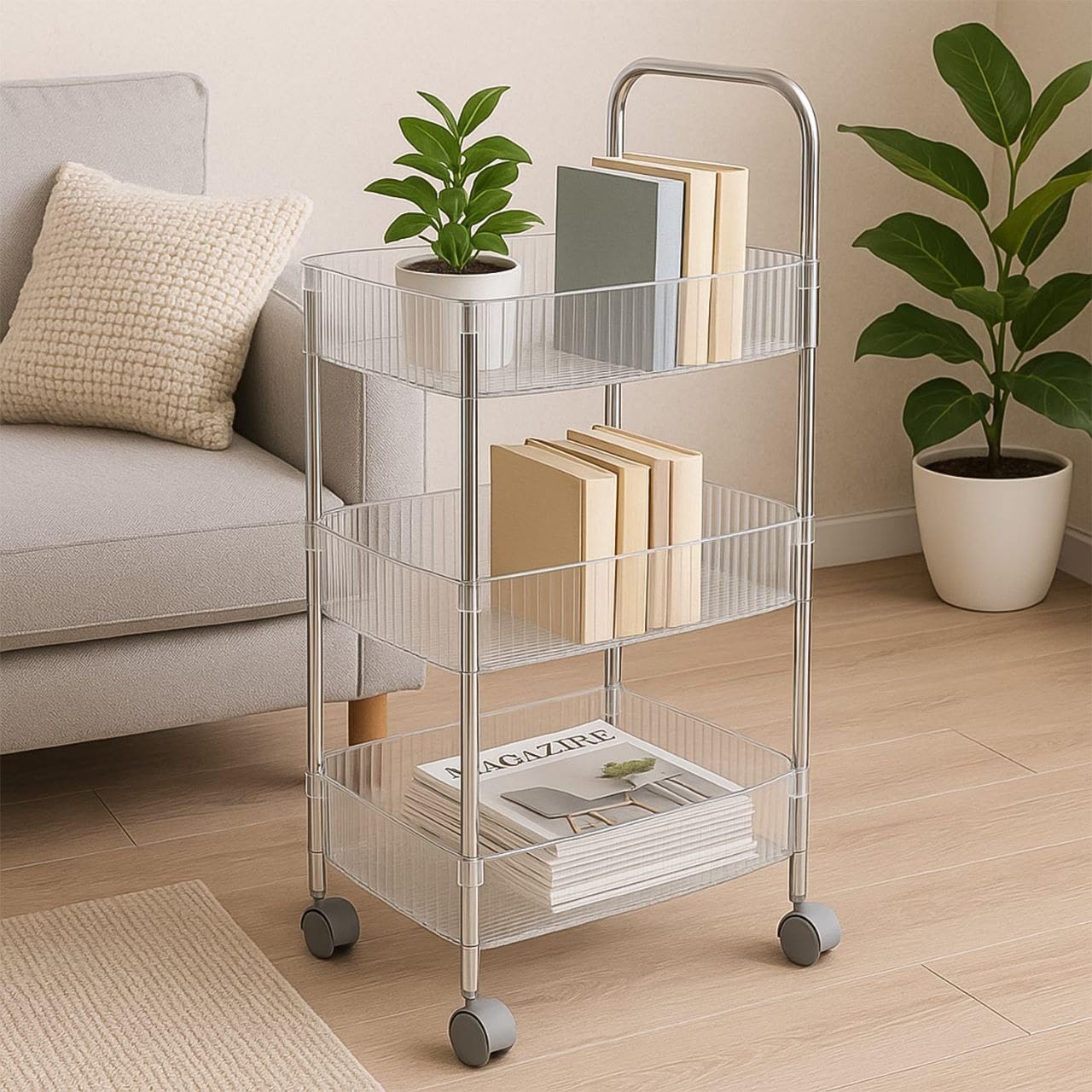 sapphire 3 layer storage trolley with wheels | multipurpose kitchen & bathroom organizer rack | movable storage cart with clear trays & metal frame