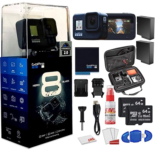 GoPro HERO8 Black Digital Action Camera - Waterproof, Touch Screen, 4K UHD Video, 12MP Photos Live Streaming, Stabilization - with Cleaning Set + Case + 2 x 64GB Memory Card and 2 x Extra Batteries