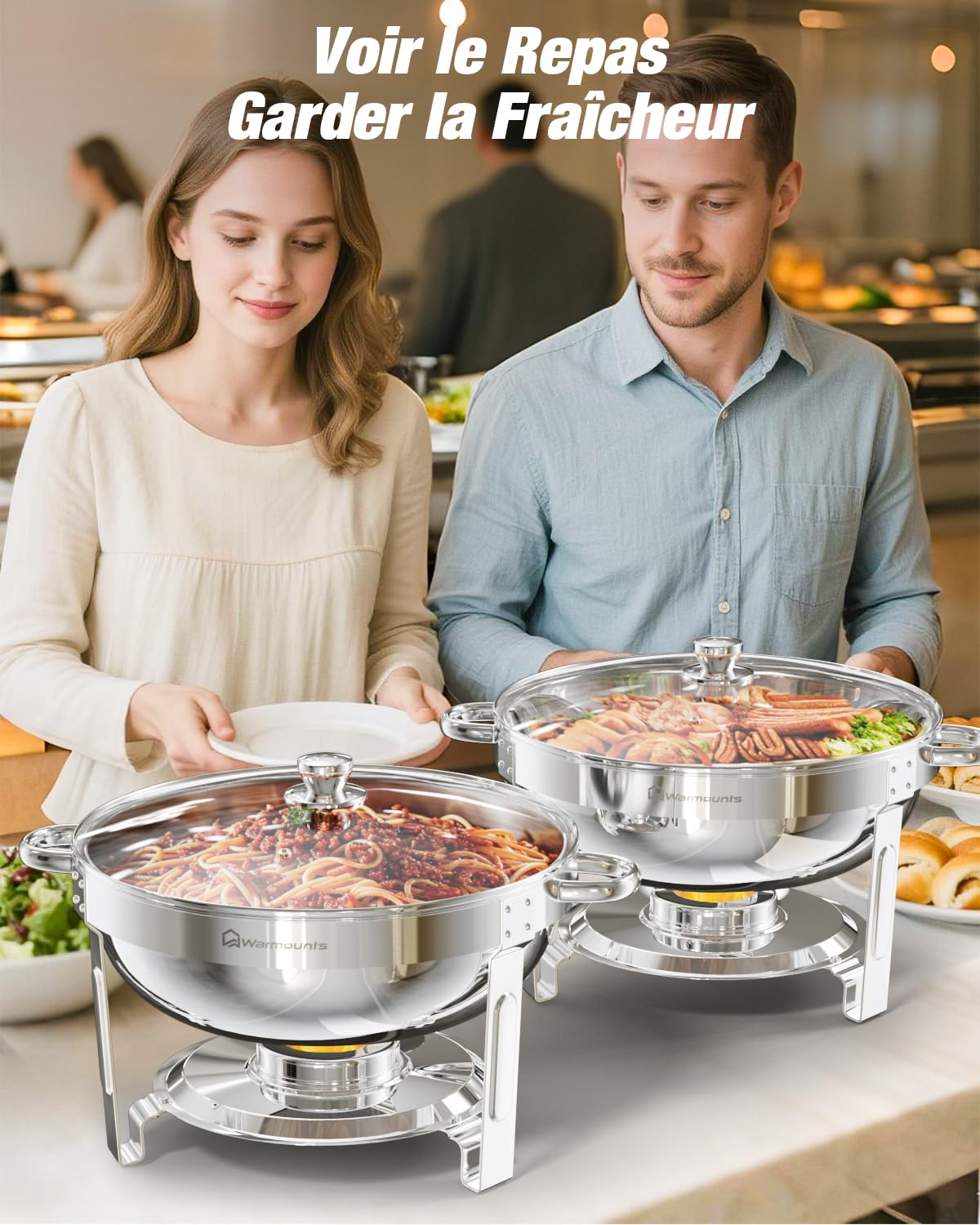 WARMOUNTS Lot de 4 Chafing Dish 5 L, Ronds Réchaud à Buffet avec Couvercle en Verre, Buffets Chauffants en Acier Inoxydable Idéal pour Fêtes, Événements, Mariages, Dîners, Noël et Camping