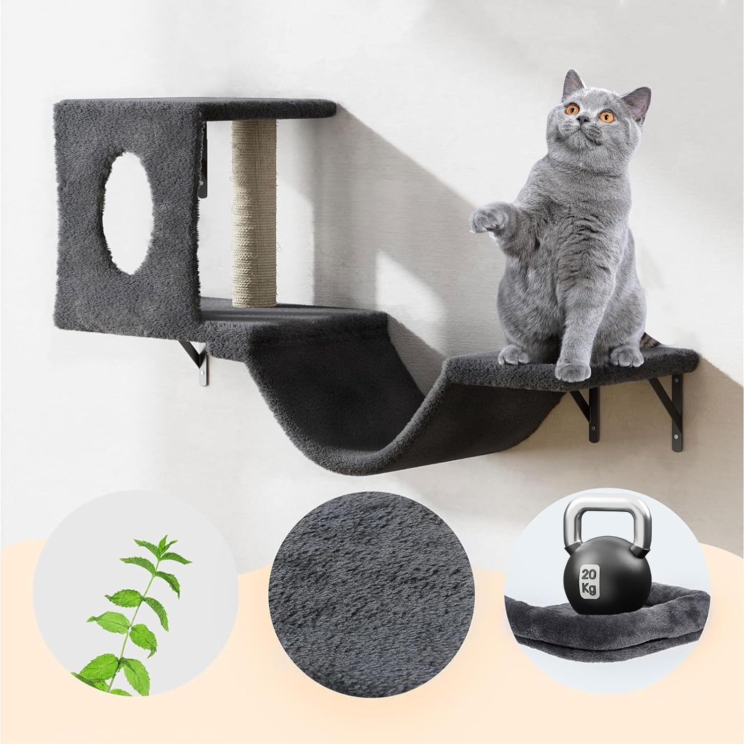 Goqelk Klimwand voor katten, XXL, 6 kattenwandelementen, inclusief kattenboom, hangmat, kattenmand, kattenbrug, krabplank en krabpaal