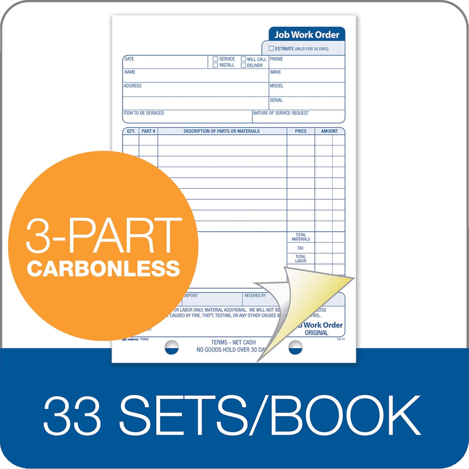 Image showing the '3-Part Carbonless' and '33 Sets/Book' features of the work order book.