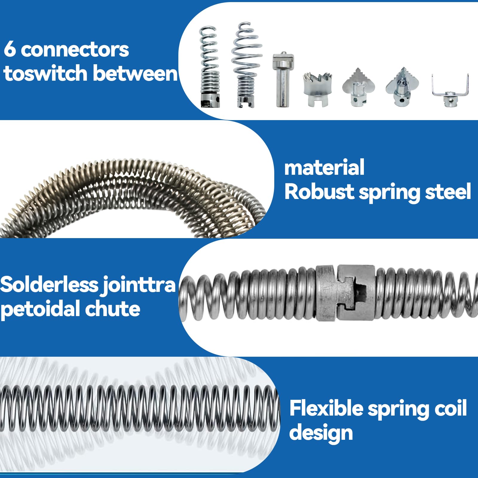 Deboucheur Canalisation Professionnel 5m x12mm, Deboucheur Evier avec Manivelle, 8 Pièces Dragage Nettoyeur Adaptateurs éLectriques, Pratique et Efficace Deboucheur pour WC Evier Canalisation