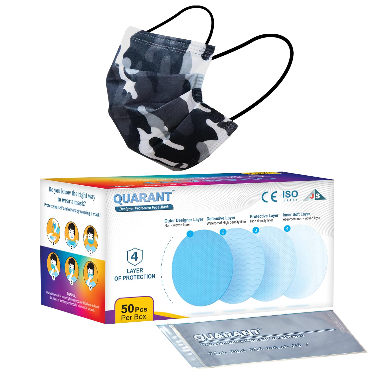 QUARANT Meltblown - Dual SMMS Fabric 4 Ply Designer Protective Face Mask with Nose Clip and Reusable Travel Pouch, Fashion That's Safe (Camo Black, Pack of 50) for Unisex