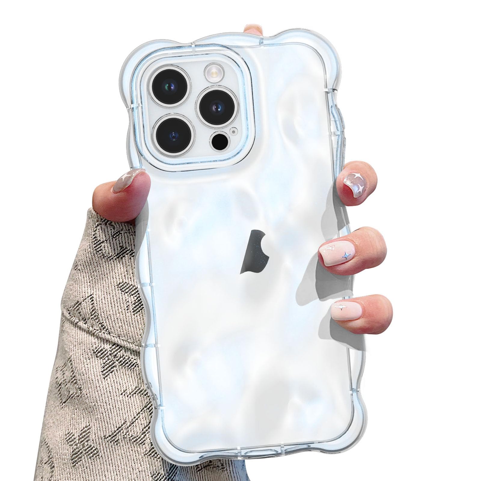 UEEBAI Case for iPhone 15 Pro Max, Cute Color Curly Wave Shape Shockproof Soft TPU Bumper Phone Case, Oil Flower Water Ripple 3D Silicone Slim Pretty Cover Non-yellowing Cover, Clear Blue