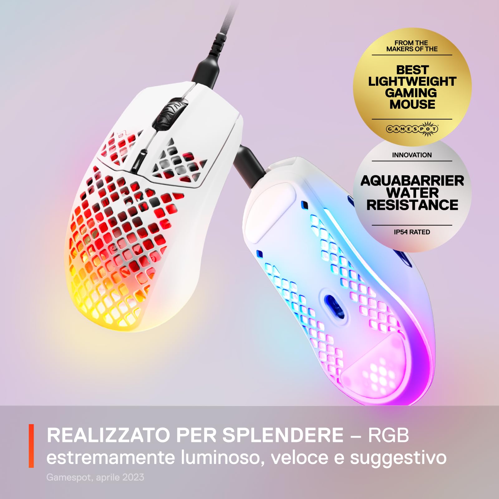 SteelSeries Aerox 3 - Mouse da gioco RGB traforato - Design ultraleggero e resistente all'acqua - Sensore ottico TrueMove Core da 8.500 DPI - Snow