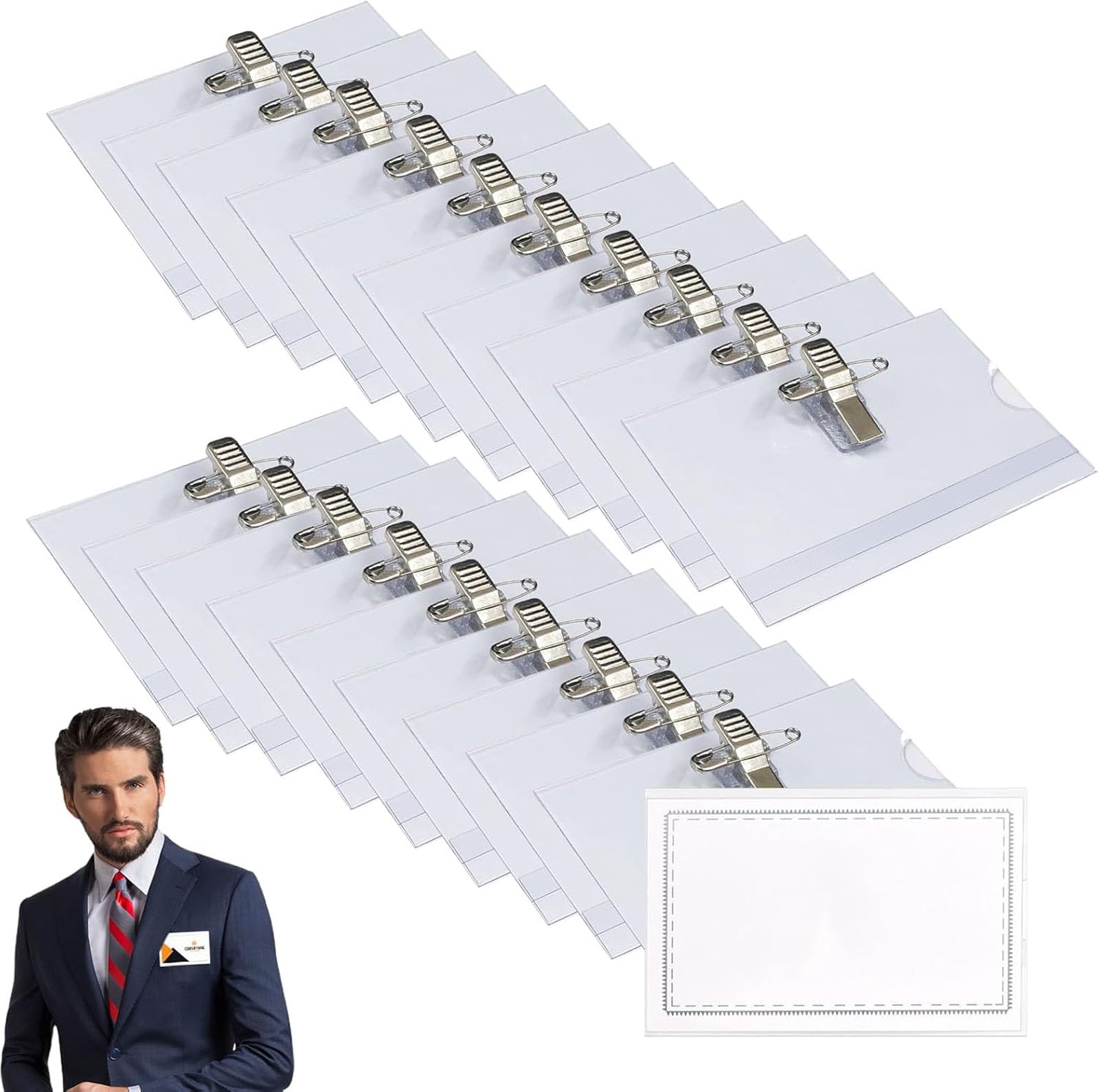 Rayyan 20 Pcs Waterproof Name Badge Holders, Clear ID Tags With Pin, Card Holder Plastic Case, Clip and Needle