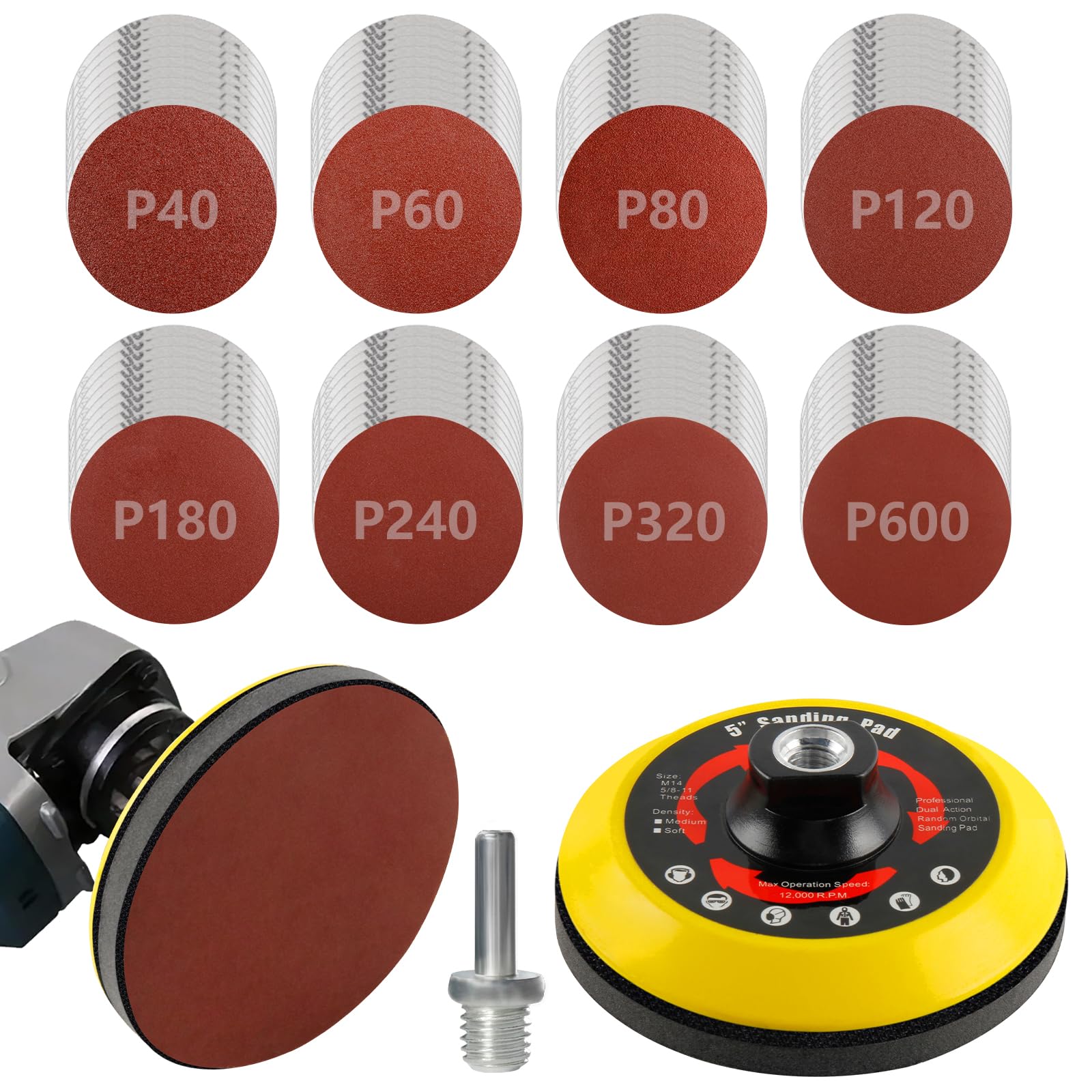Set di 120 dischi abrasivi, 125 mm, per smerigliatrice angolare, grana 40/60/80/120/180/240/320/600, carta vetrata con piastra M14, tampone lucidante