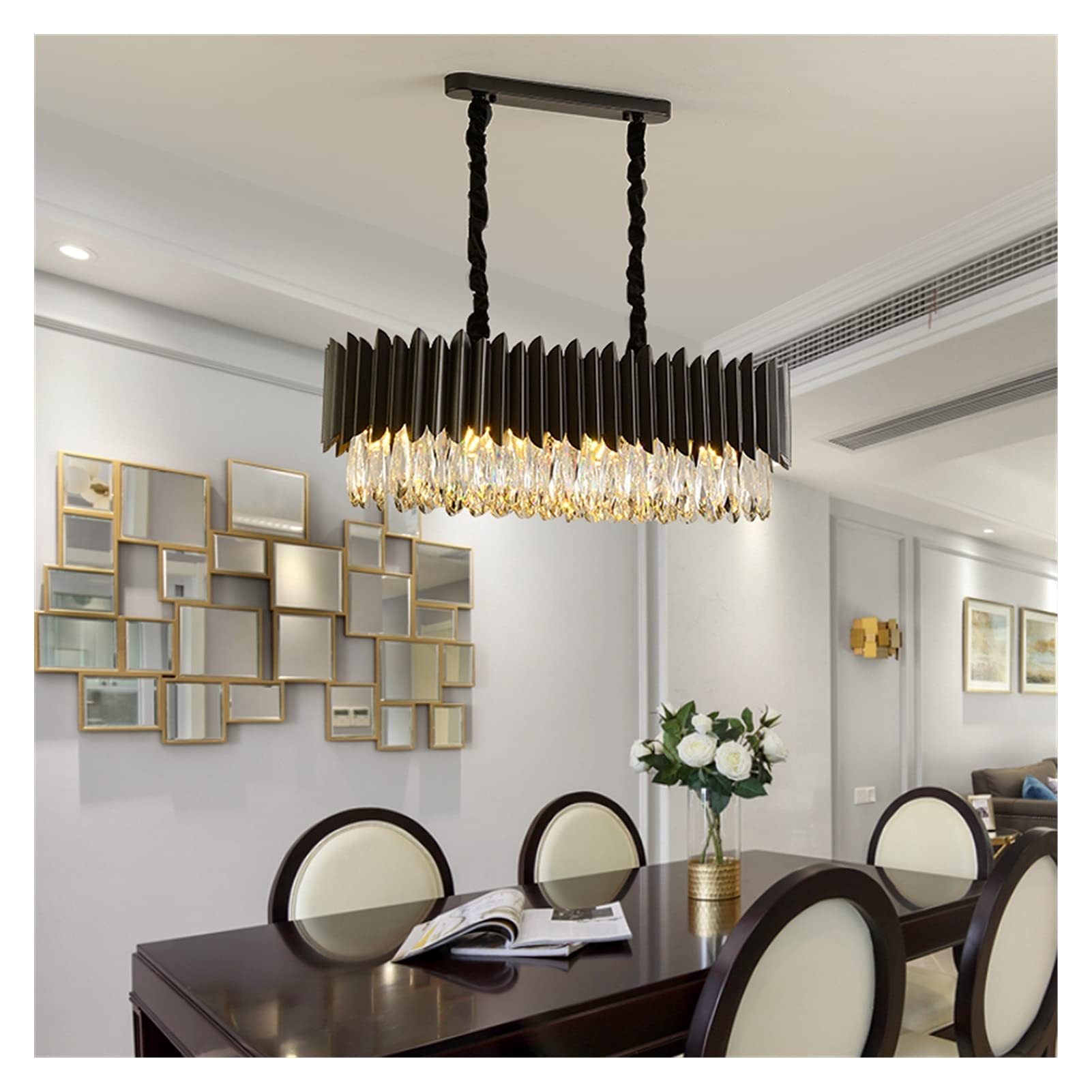 LED Modern Chandelier Lamp Luxury Crystal Chandeliers Rectangle Kitchen Island Led Hanging Lamp Black Metal Lighting Living Room