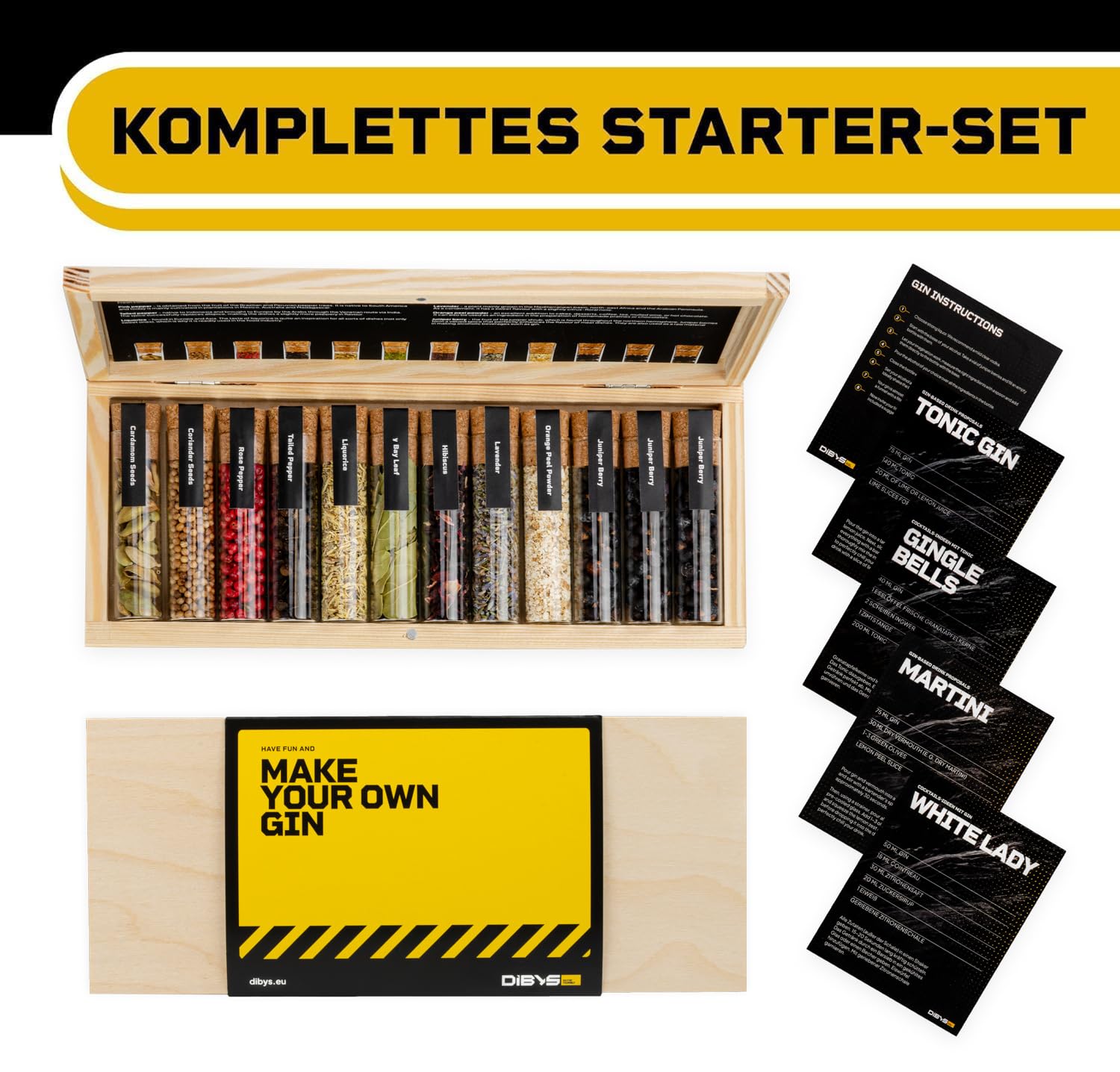 DIBYS Gin-Gewürze-Set Mini | 12 Botanicals für Gin Tonic & Cocktail - Mit 4 Rezept-Karten, Gewürzlexikon & edler Holz-Kiste - Geschenk-Set für Männer & Frauen - Ginzubehör Selber Machen