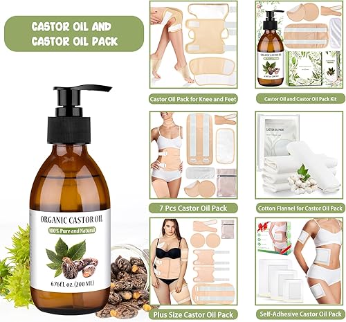 Miniatura 5 de Paquete de 7 piezas de aceite de ricino con paño de franela, kit de aceite de ricino de algodón orgánico para rodilla, pecho y cuello, almohadillas