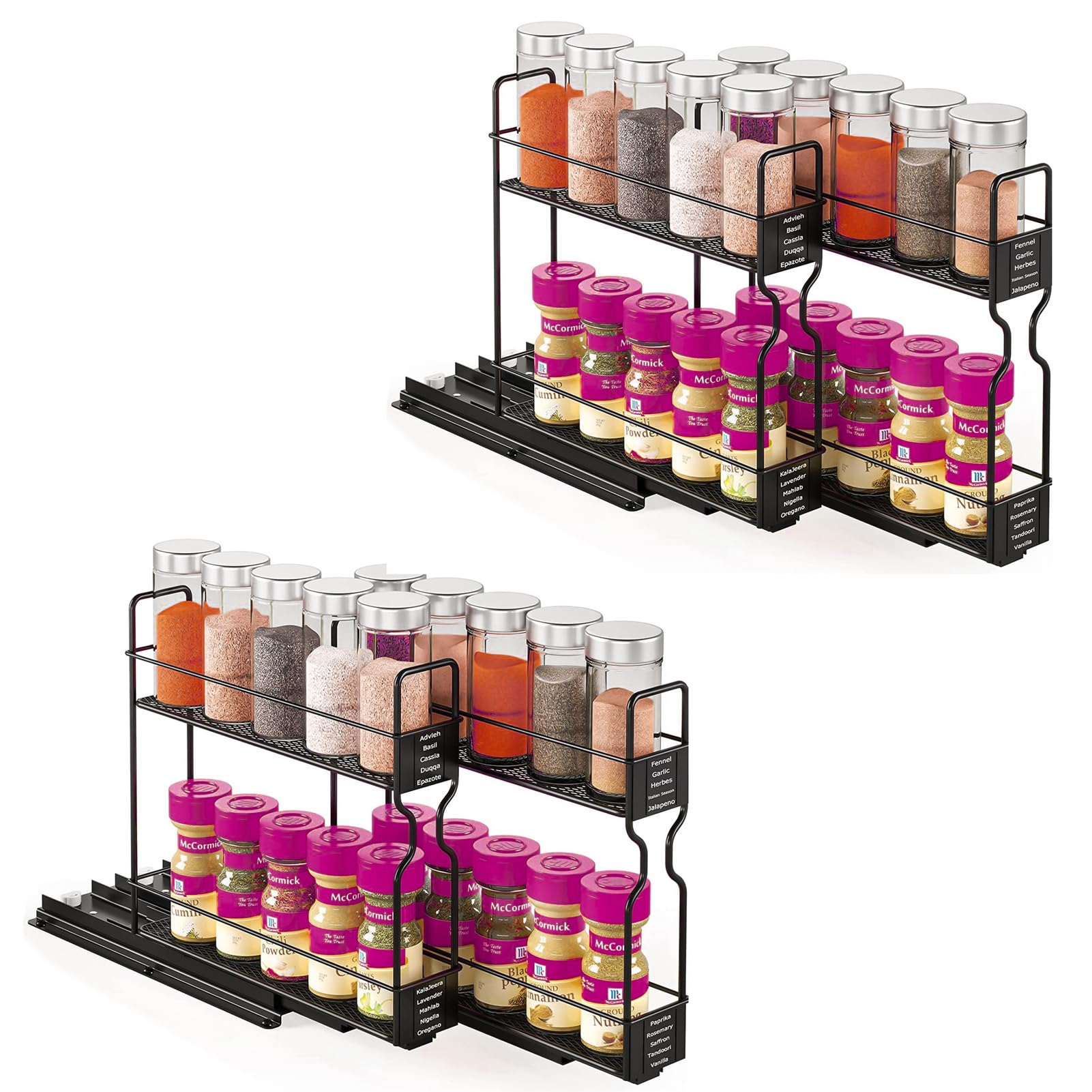 Warmiehomy 2 Pack Spice Rack Pull Out Spice Rack for Inside Cupboard, Black Kitchen Spice Rack Organiser Vertical Slide Out Cabinet Caddy Organiser Rack Metal Seasoning Rack Free Standing