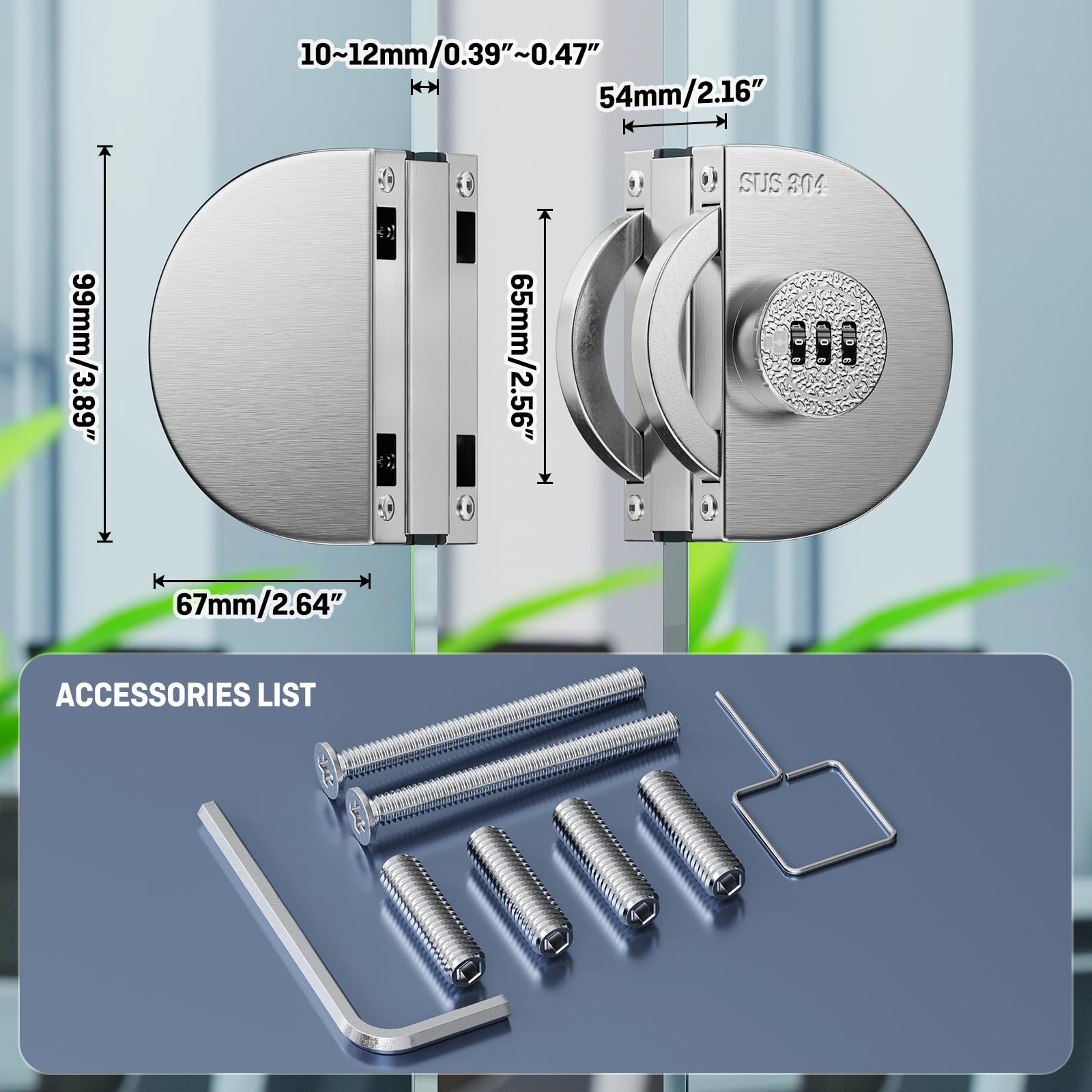 Ranbo Mechanisches Kombinationstürschloss, rahmenlos, ohne Bohren, passend für 1,9 cm - 1,27 cm dickes Glas, gebürstetes Silber, geeignet für Doppelschwing-Glastüren im privaten und gewerblichen